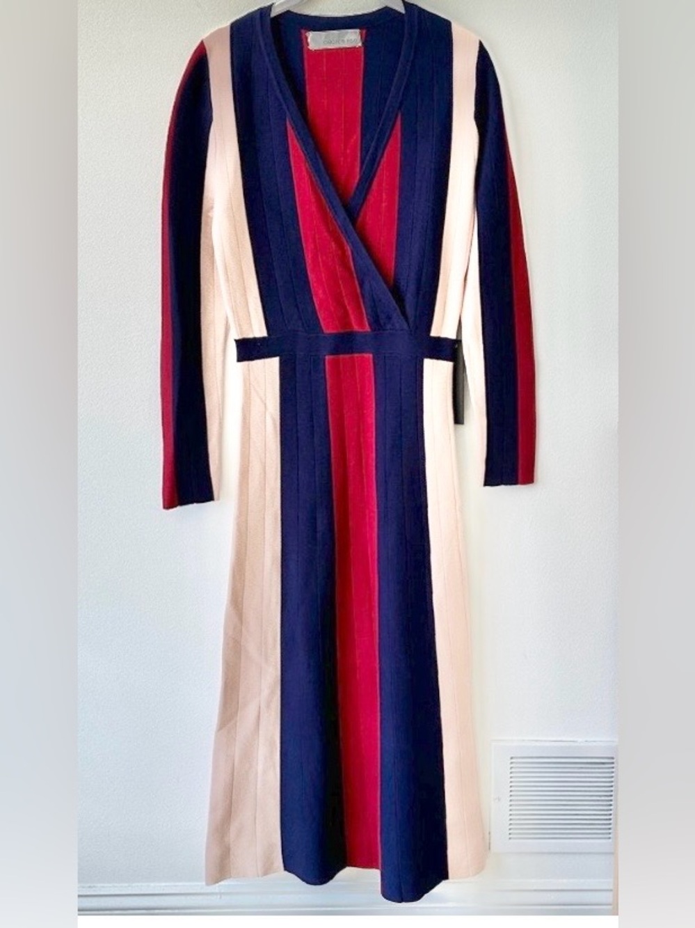NWT Adelyn Rae Navy, Burgundy & Beige Striped V-Neck Long Sleeve Maxi Dress S